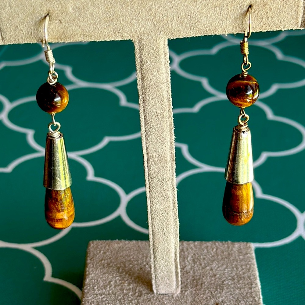 Tiger eye sterling silver pierced earrings vintage handmade very elegant